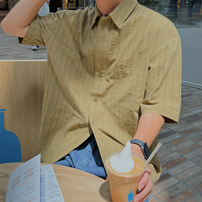 리즈 스트라이프 포켓 하프셔츠(6colors)-올리브 컬러 단독주문시 당일발송(4시이전 결제건)